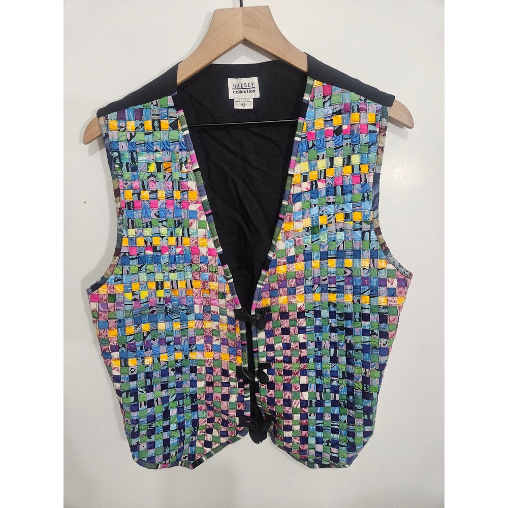 Halsey Collection Multi Color Woven Patchwork Rayon‎ Vest Womens Medium Boho Vtg